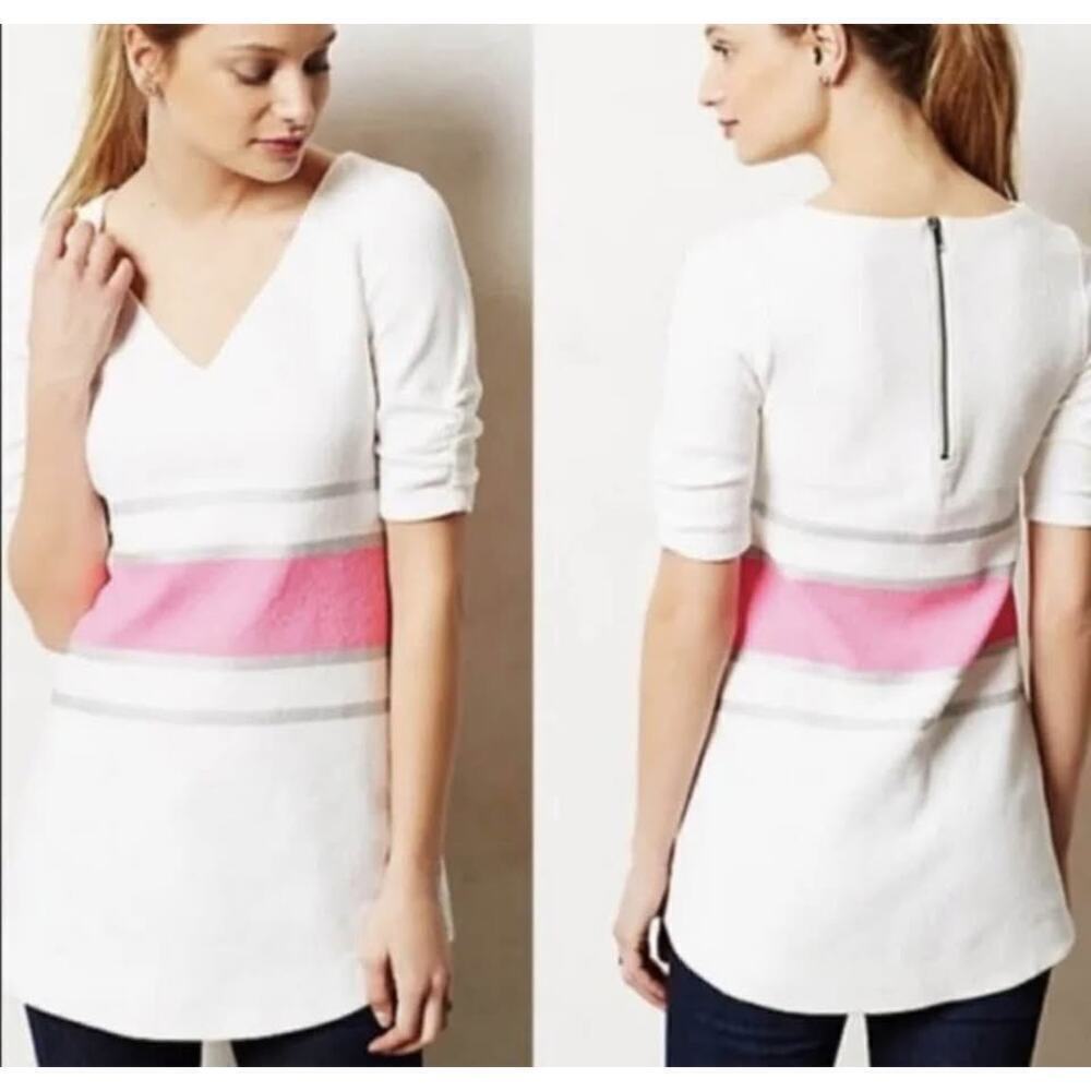 Anthropologie Deletta Women’s Medium White, Pink & Silver Tunic Top